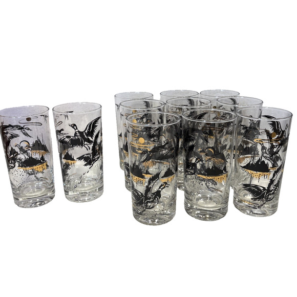 Vintage 1960's Highball Glasses Mallard Ducks Set Of 11 Barware Black With Gold - Picture 1 of 8